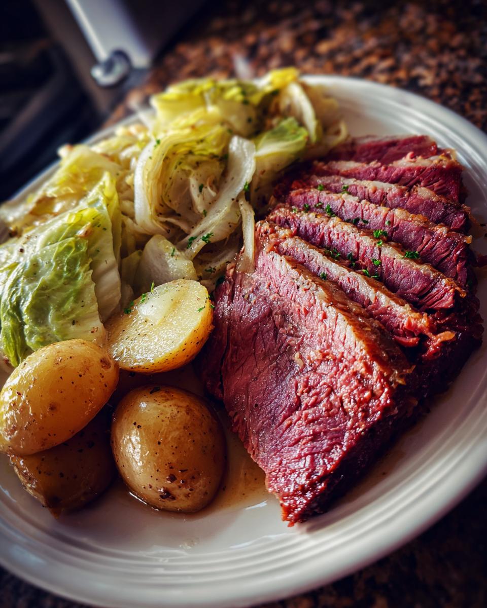 A plate of traditional corned beef and cabbage, with sliced corned beef, cabbage, and potatoes.