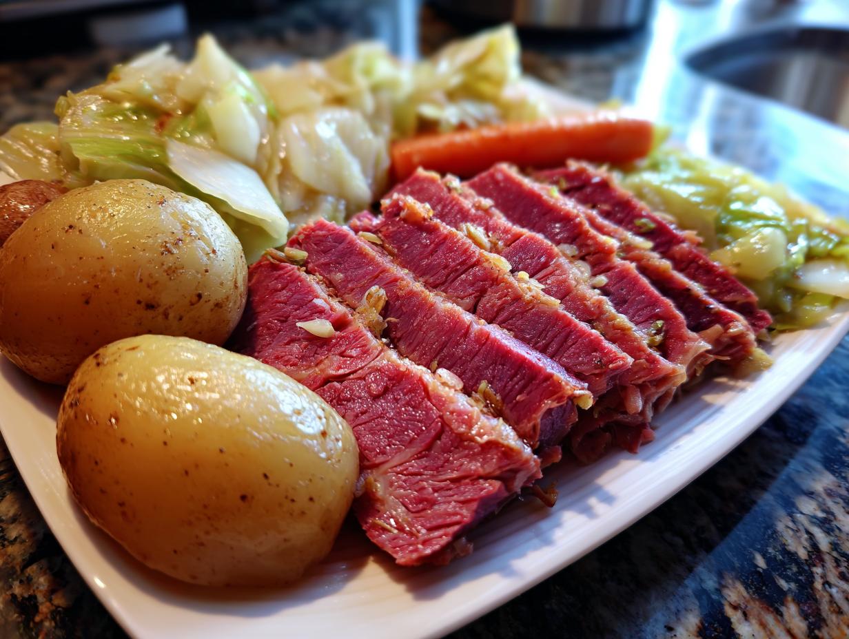 A complete Traditional Corned Beef and Cabbage Platter with corned beef, cabbage, potatoes, and carrots.