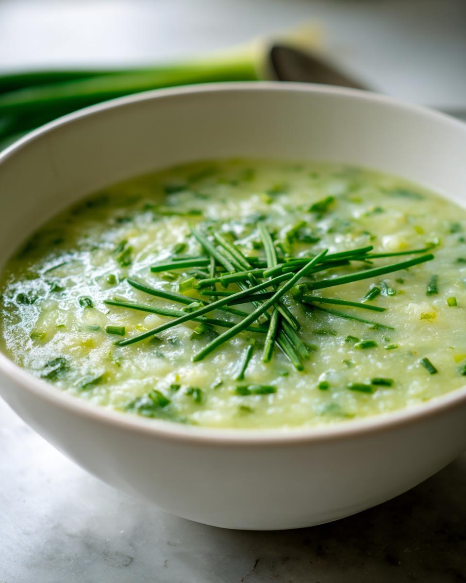 Close-up of a bowl of creamy Vegetarian Colcannon Soup garnished with fresh chives.