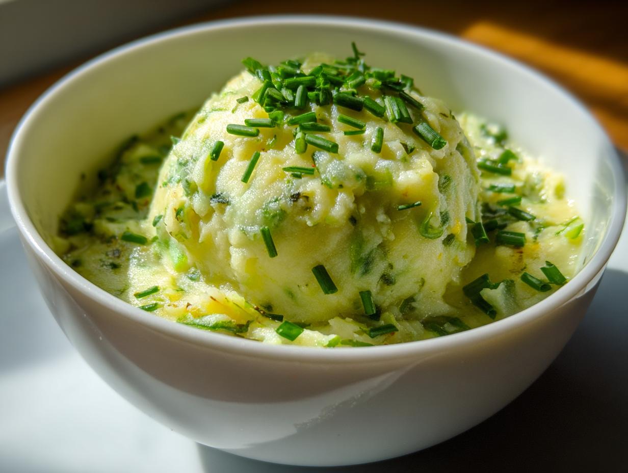 Close-up of a bowl of Vegetarian Colcannon Soup, a creamy potato and cabbage soup.
