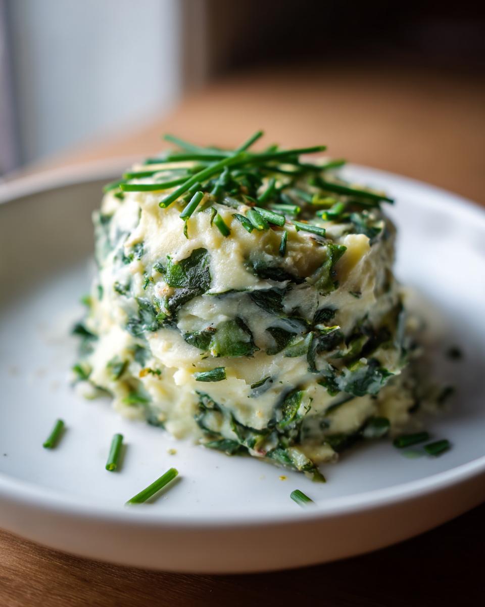 Close-up of a stack of Vegetarian Colcannon Soup, garnished with fresh chives, on a white plate.