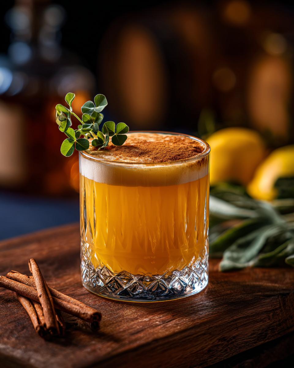 Close-up of a Whiskey Sour with Clover Garnish in a crystal glass, on a wooden board with cinnamon sticks.