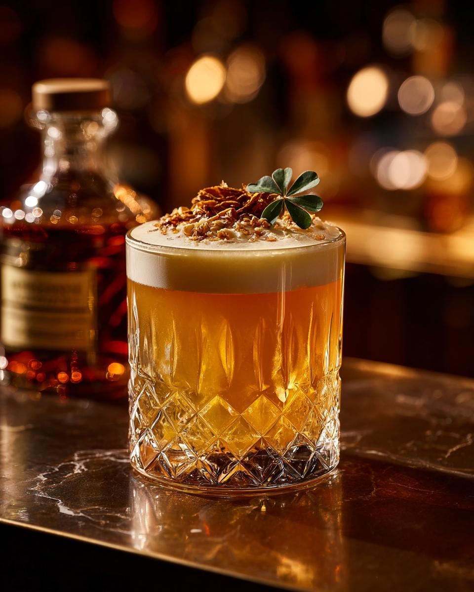 A beautifully crafted Whiskey Sour with Clover Garnish, garnished with a clover leaf.