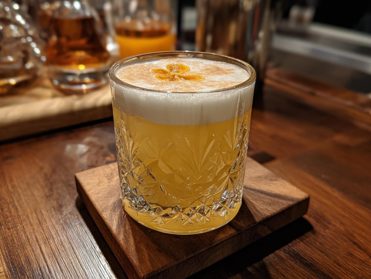 Close-up of a Whiskey Sour with Clover Garnish, served in a crystal glass on a wooden coaster.