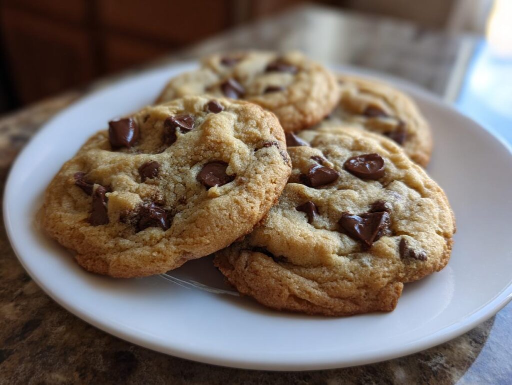 Close-up of chocolate chip cookies on a white plate, the most addictive dessert.