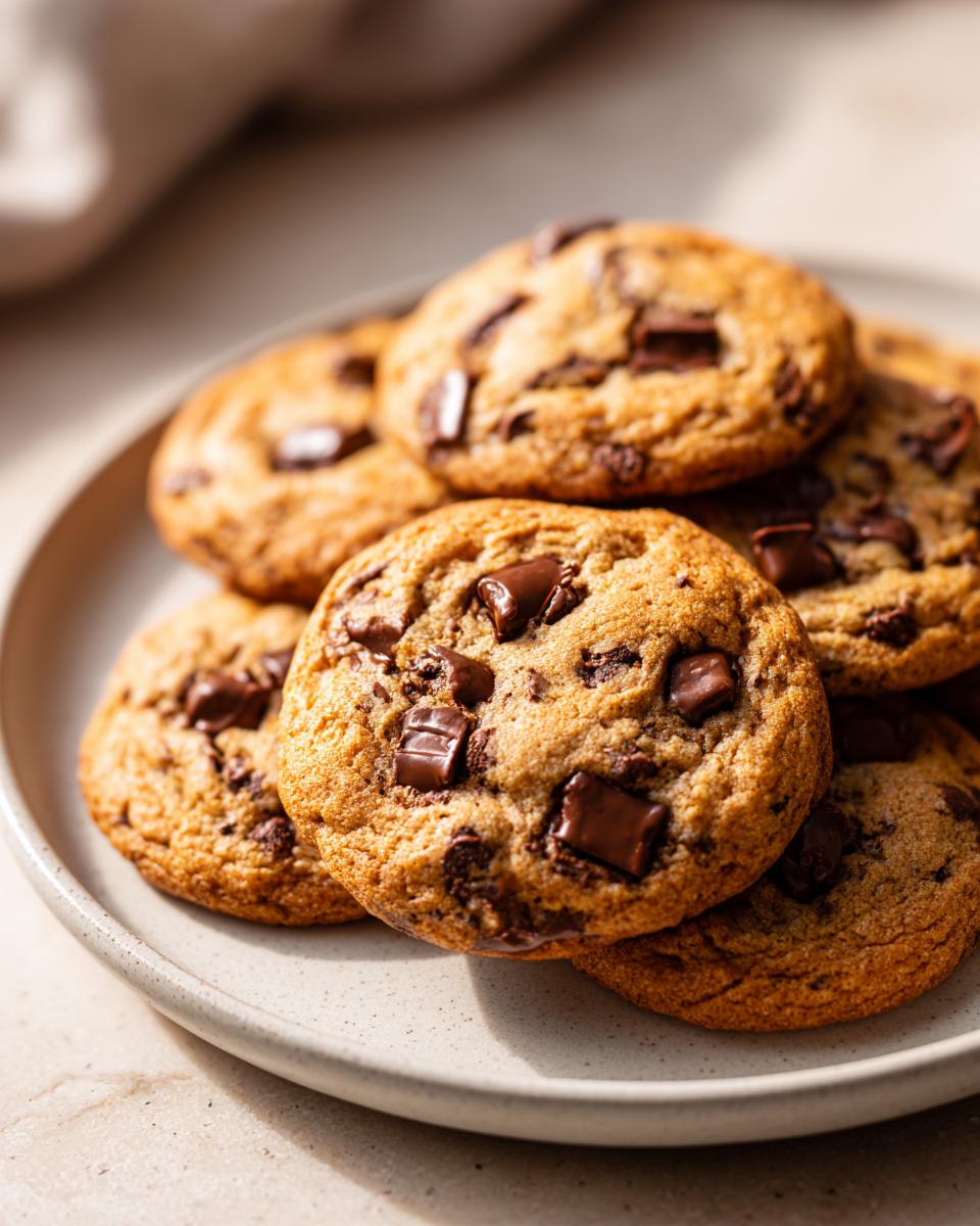 Close-up of a plate with several chocolate chip cookies, the most addictive dessert.