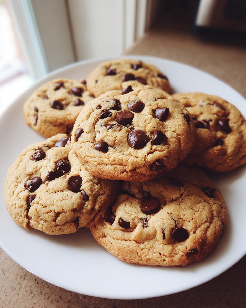 Pile of freshly baked chocolate chip cookies on a white plate, the most addictive dessert.