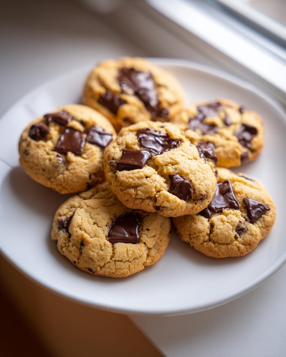 Close-up of a plate of chocolate chunk cookies, the most addictive dessert.