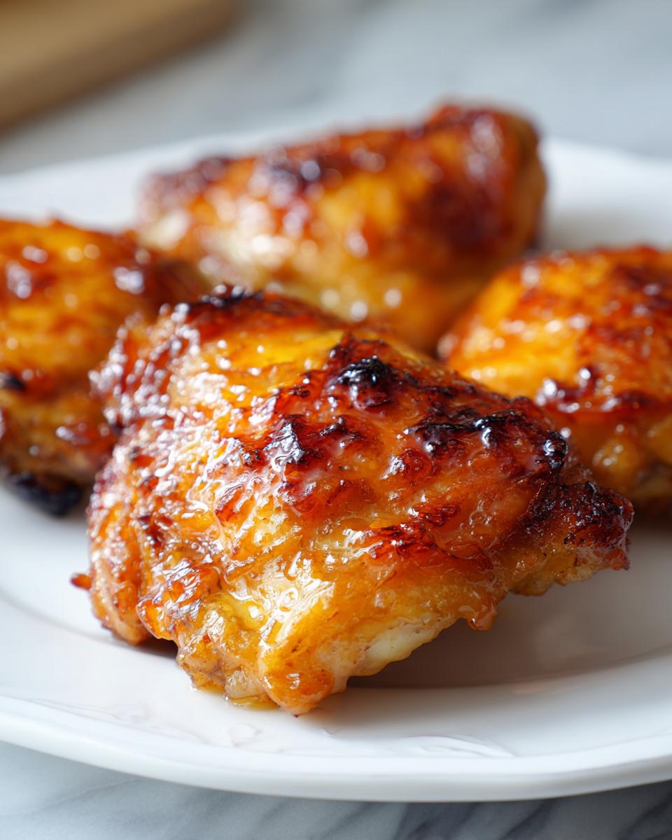 Amazing Air Fryer Apricot Glazed Chicken Thighs 5 Close-up of air fryer apricot glazed chicken thighs on a white plate, showing the crispy glaze.