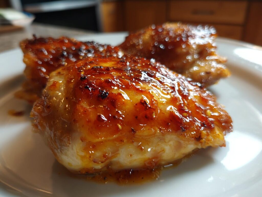 Close-up of air fryer apricot glazed chicken thighs on a white plate, showing the crispy skin.