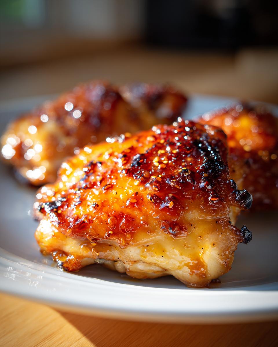 Amazing Air Fryer Apricot Glazed Chicken Thighs 3 Close-up of air fryer apricot glazed chicken thighs on a plate, showcasing the glossy glaze.