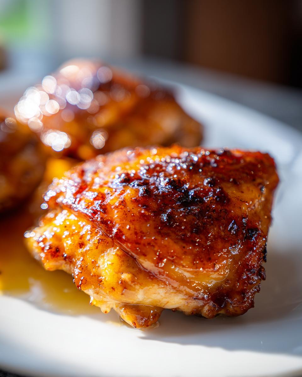 Amazing Air Fryer Apricot Glazed Chicken Thighs 4 Close-up of air fryer apricot glazed chicken thighs on a white plate, showing the crispy skin.