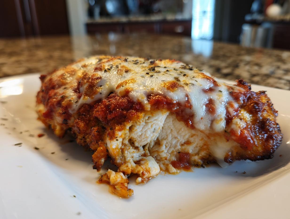 Close-up of a juicy Air Fryer Chicken Parmesan with melted cheese and marinara sauce.