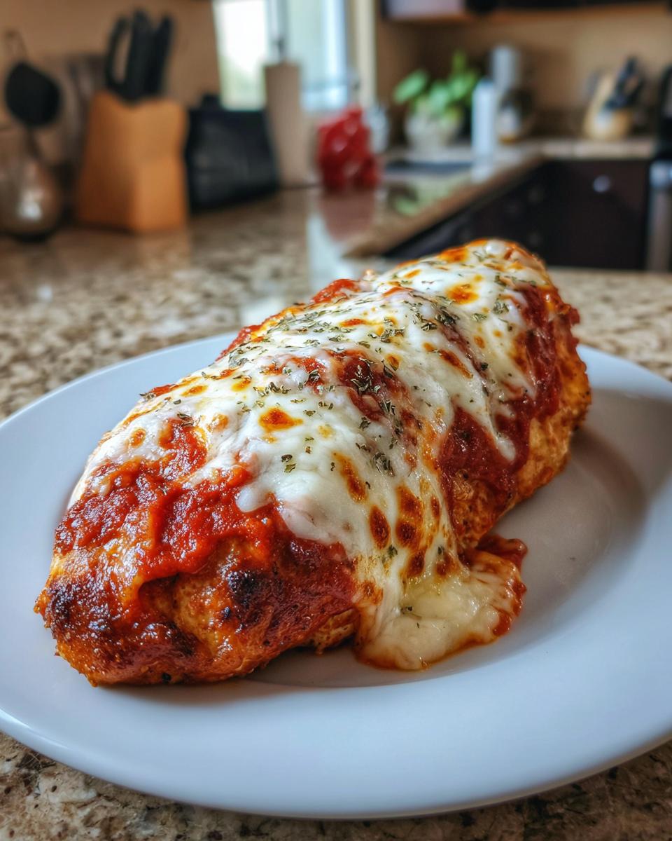 Close-up of golden brown Air Fryer Chicken Parmesan on a white plate, topped with melted cheese and sauce.