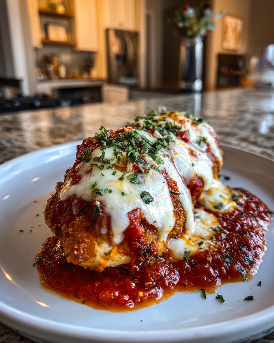 Close-up of Air Fryer Chicken Parmesan on a white plate, topped with melted cheese and sauce.