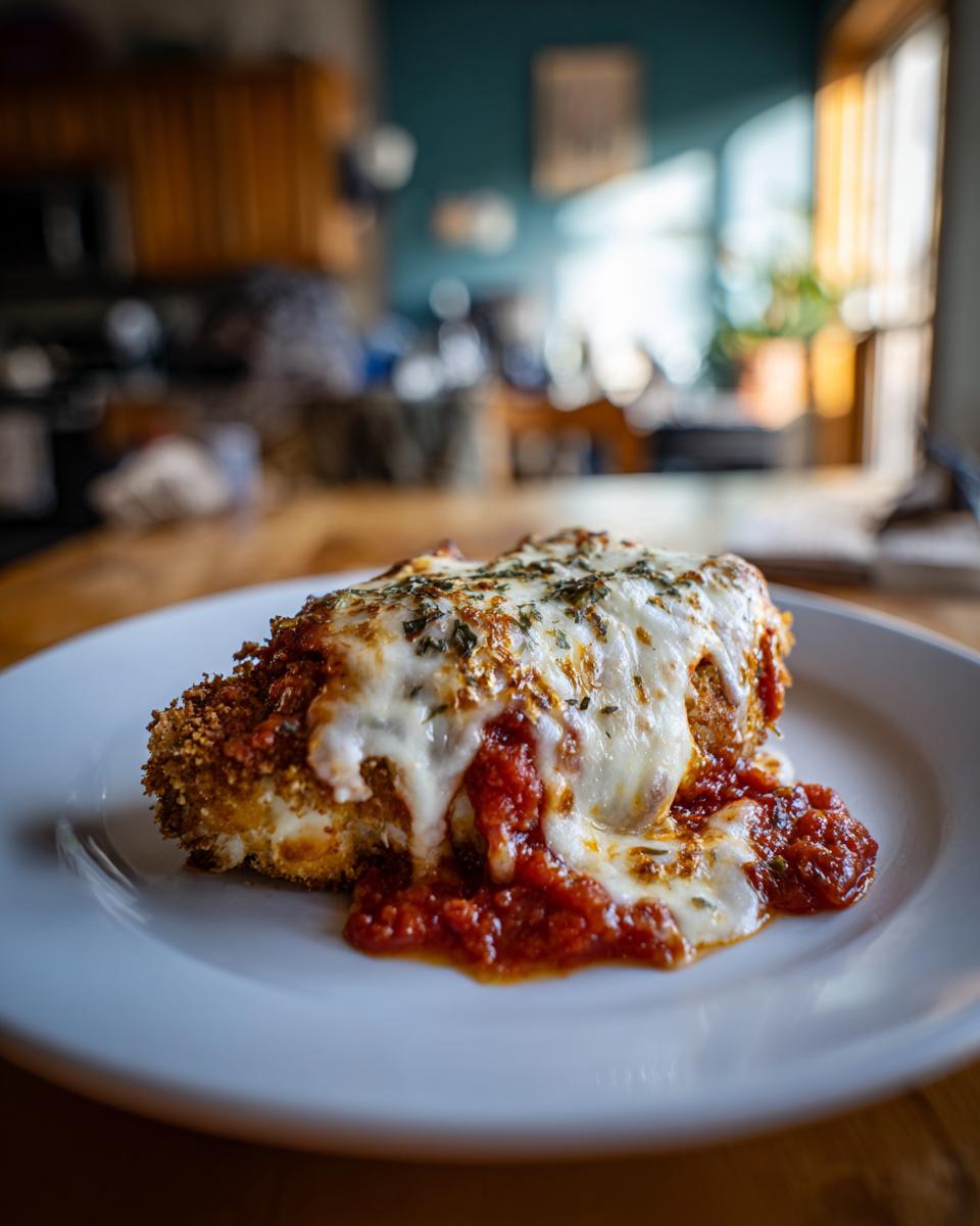 Close-up of air fryer chicken parmesan on a white plate, with melted cheese and tomato sauce.