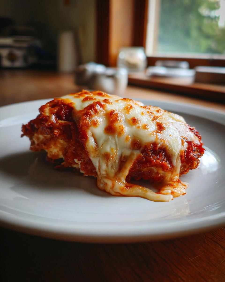 Close-up of a slice of Air Fryer Chicken Parmesan with melted mozzarella cheese and marinara sauce.