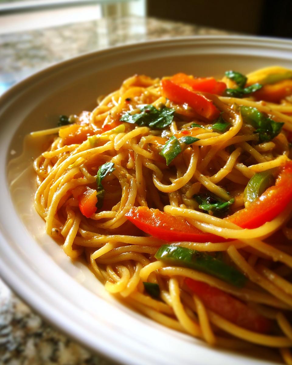 Close-up of Avocado Bell Pepper Pasta in a white bowl, with colorful bell peppers and herbs.