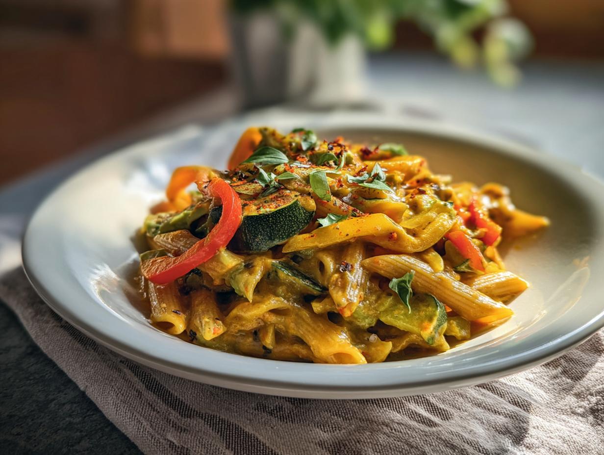 Close-up of a plate of Avocado Bell Pepper Pasta, featuring penne pasta, bell peppers, and zucchini.