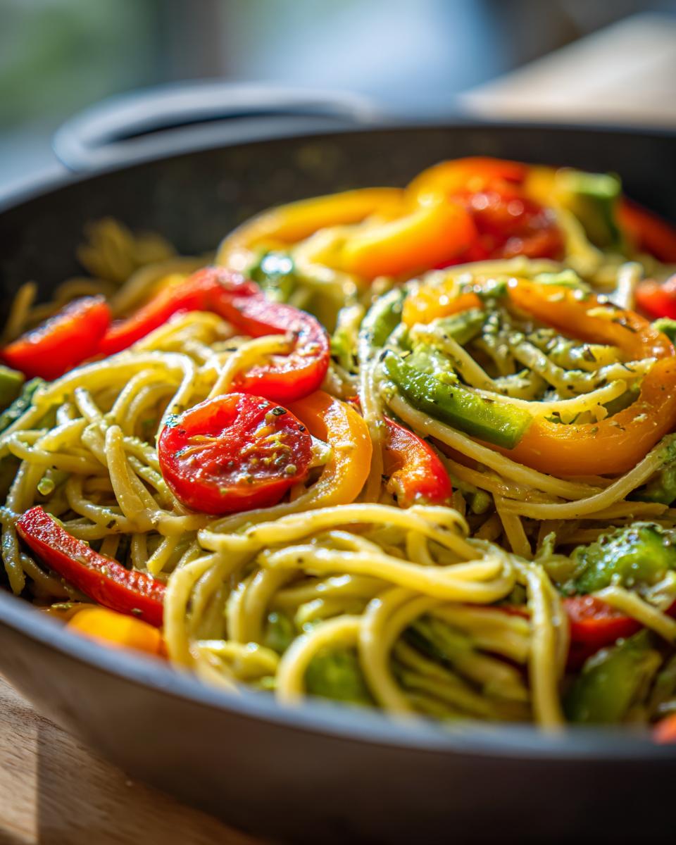 Close-up of Avocado Bell Pepper Pasta with colorful bell peppers and tomatoes in a pan.