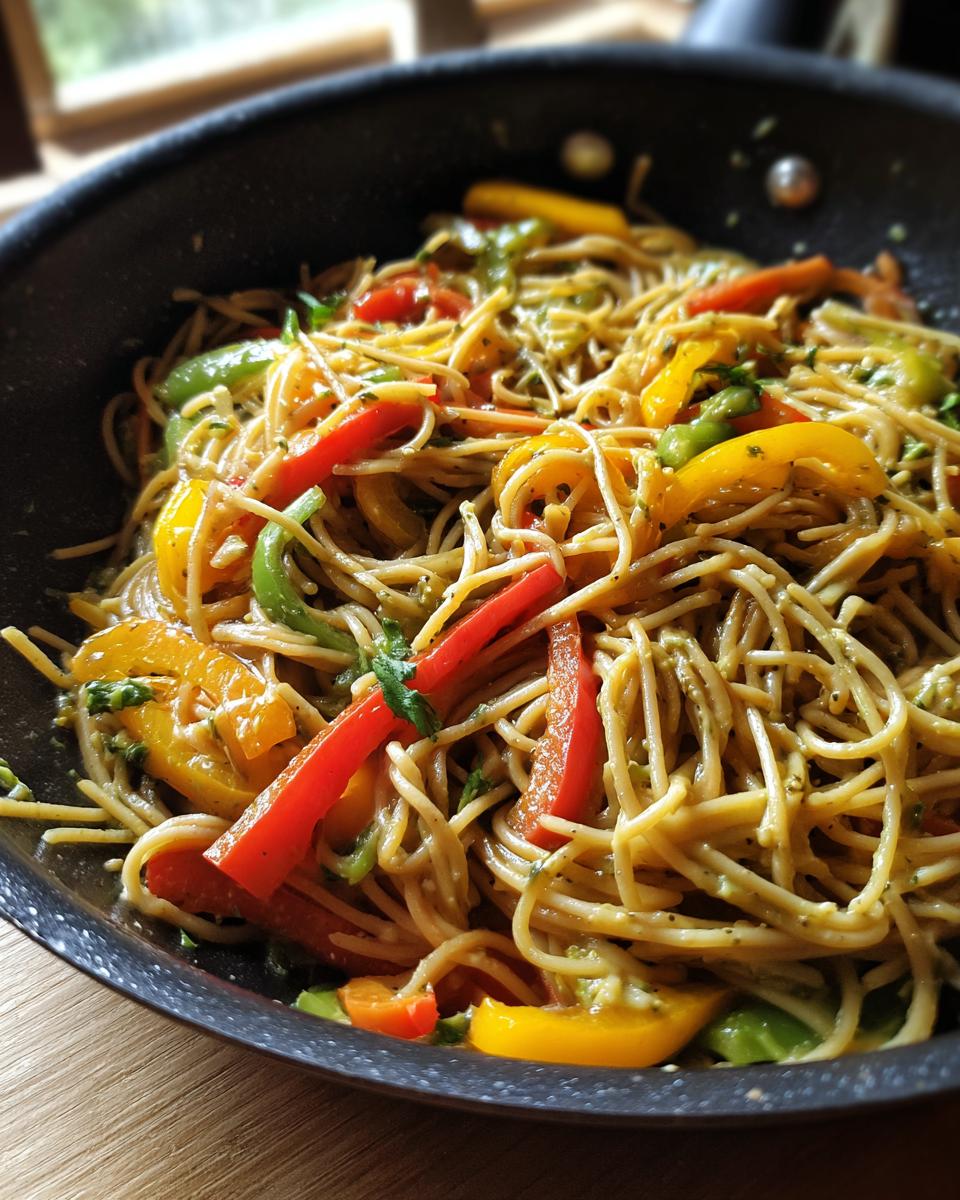 Close-up of Avocado Bell Pepper Pasta with colorful bell peppers in a pan.