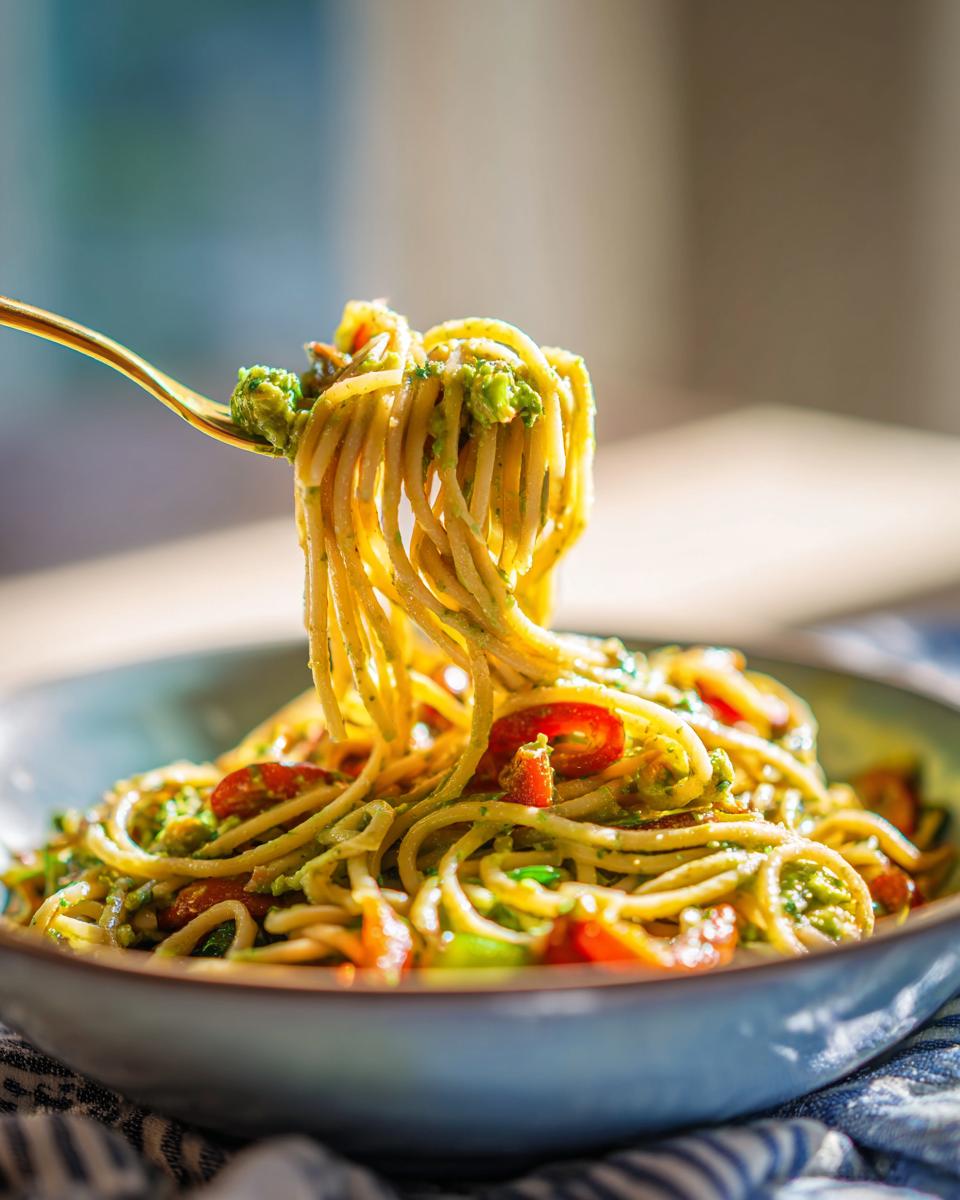 Close-up of Avocado Bell Pepper Pasta in a bowl, with pasta on a fork.