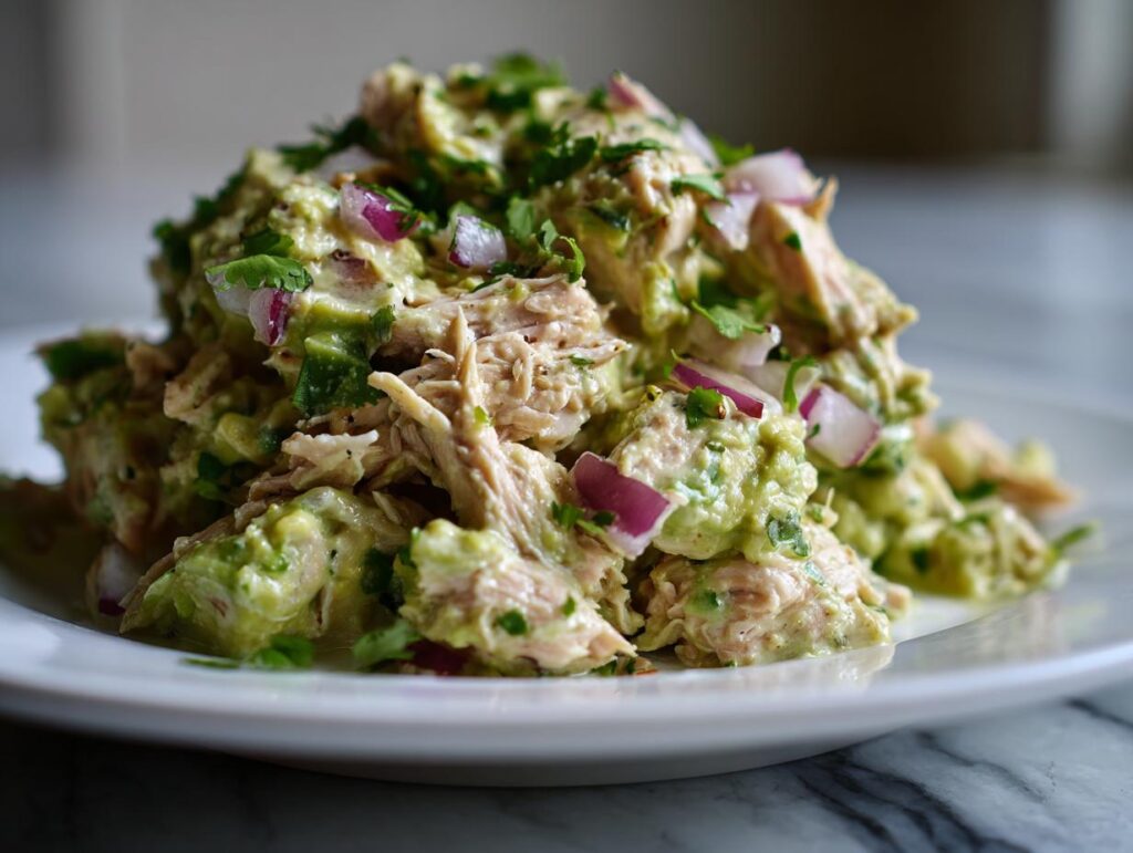 Close-up of creamy Avocado Chicken Salad with red onion and cilantro on a white plate. This delicious Avocado Chicken Salad is ready in minutes!