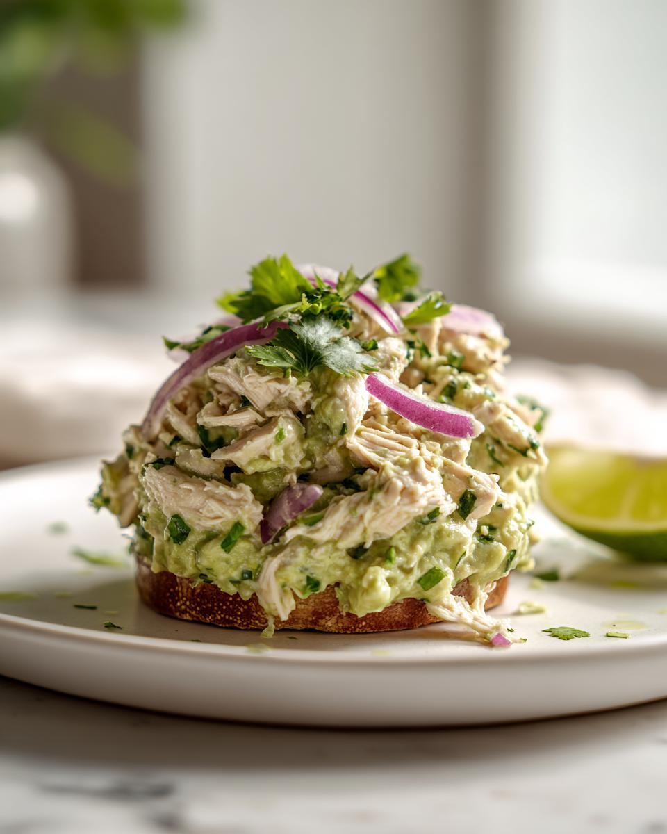 Close-up of Avocado Chicken Salad served on toasted bread, garnished with red onion and cilantro.
