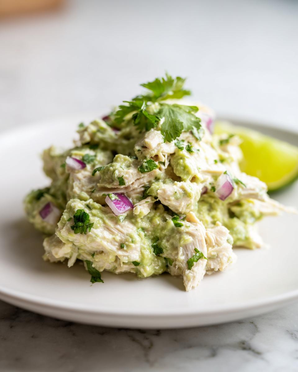 Close-up of a serving of Avocado Chicken Salad on a white plate, garnished with cilantro and a lime wedge.