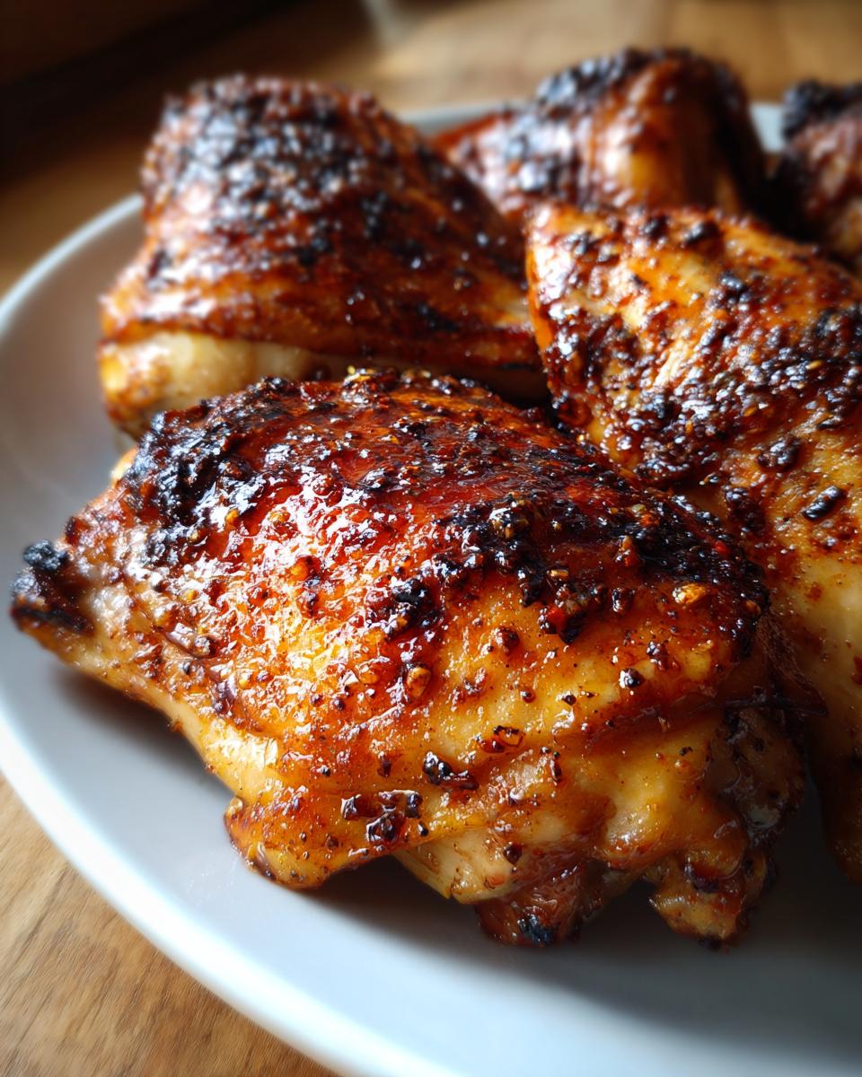 Close-up of perfectly cooked Baked Chicken Leg Quarters on a white plate, showing crispy skin.
