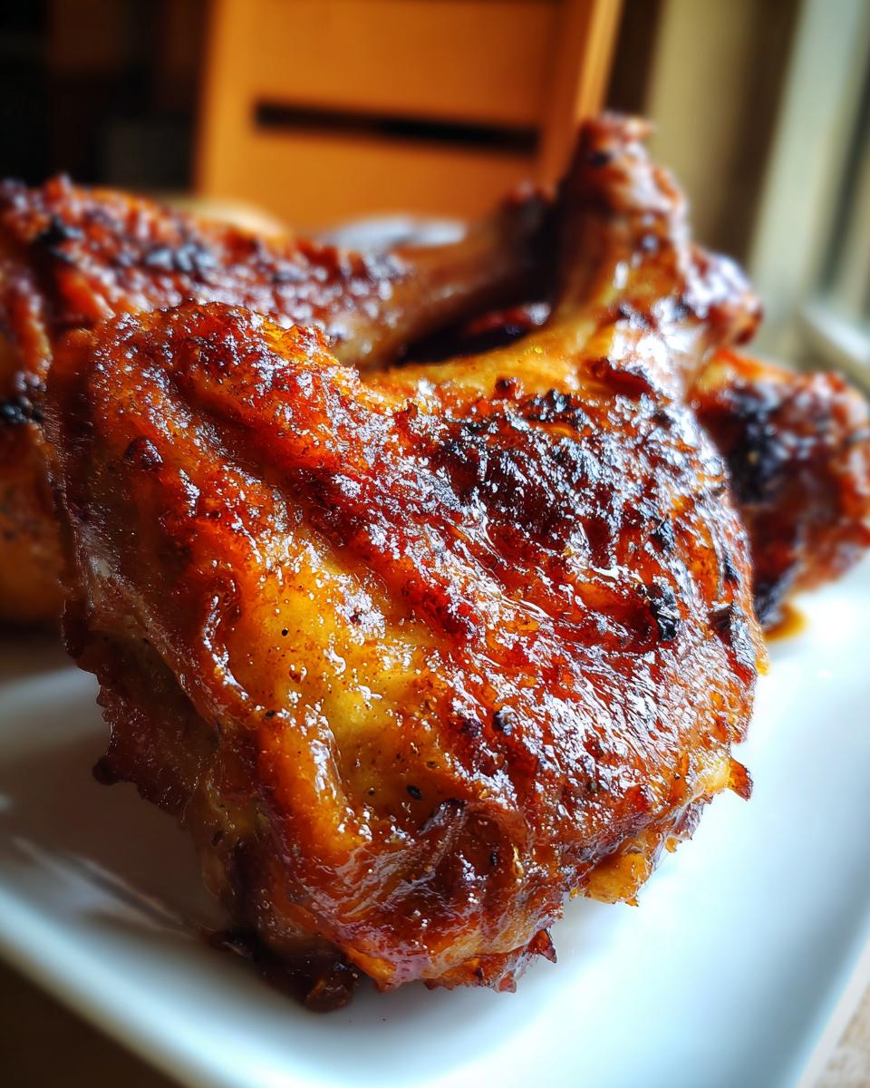 Close-up of golden brown Baked Chicken Leg Quarters on a white plate, showing crispy skin.