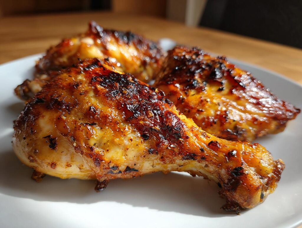 Close-up of three juicy Baked Chicken Leg Quarters on a white plate, golden brown and delicious.