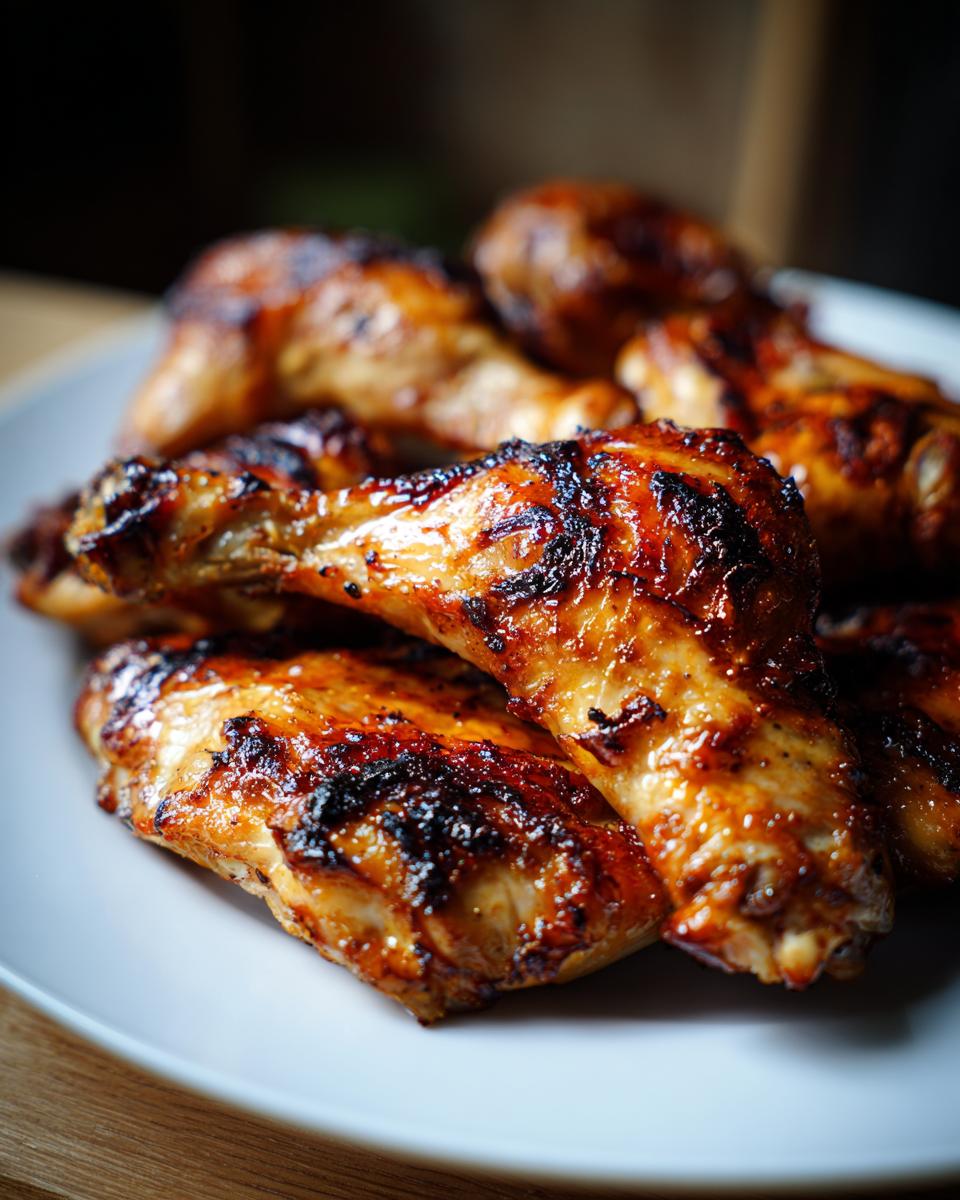 Close-up of golden brown baked chicken leg quarters on a white plate, ready to be served. The image shows the delicious Baked Chicken Leg Quarters.