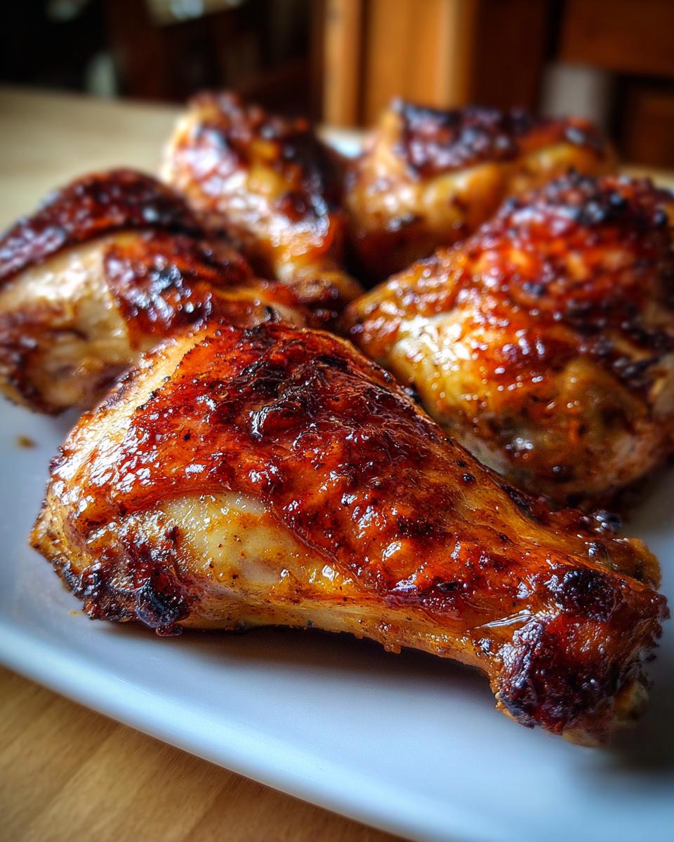 Close-up of golden-brown Baked Chicken Leg Quarters on a white plate, ready to eat.