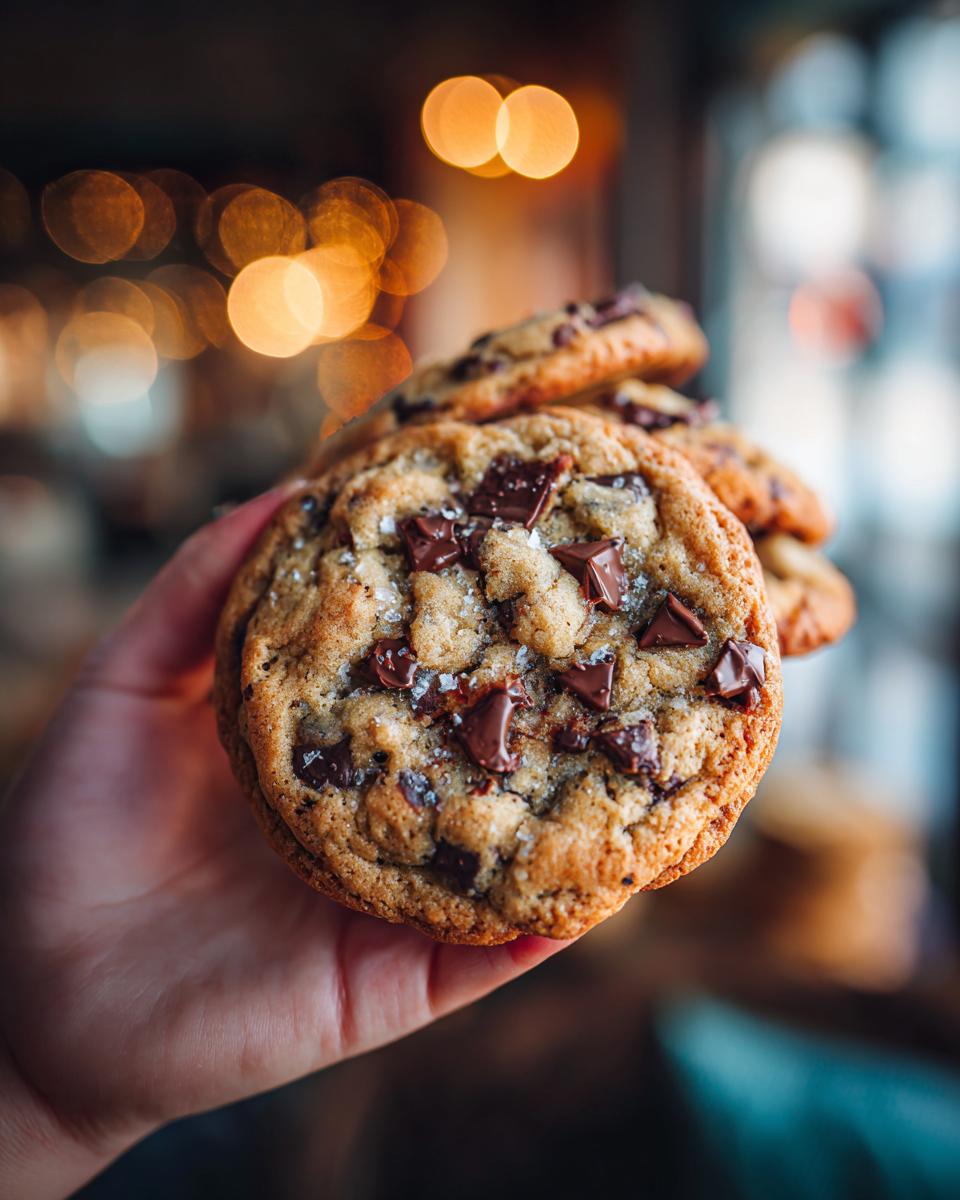 Close-up of a hand holding a chocolate chip cookie that tastes like it came from a bakery.