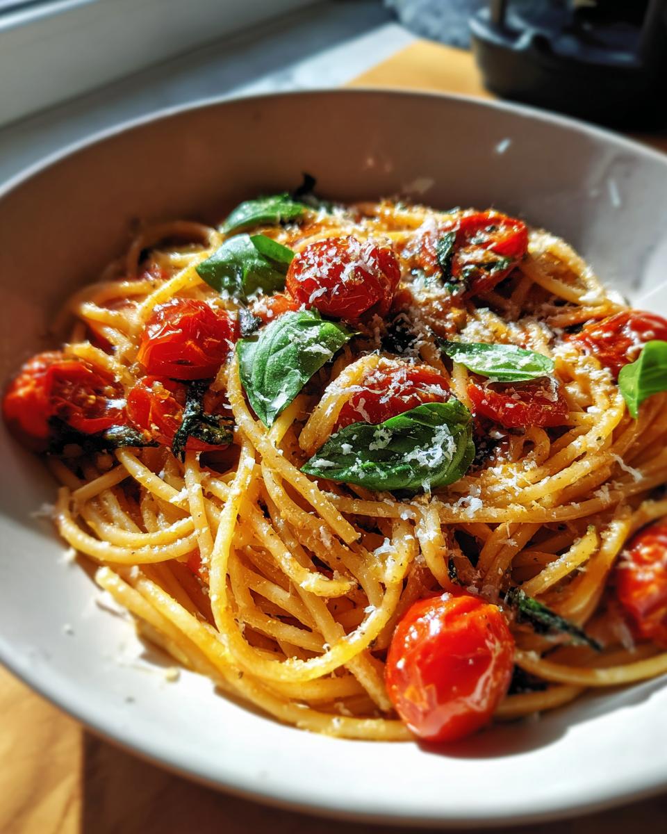 Amazing Basil Pasta with Cherry Tomatoes in 35 Mins 4 Close-up of Basil Pasta with Cherry Tomatoes in a white bowl, garnished with basil and parmesan.