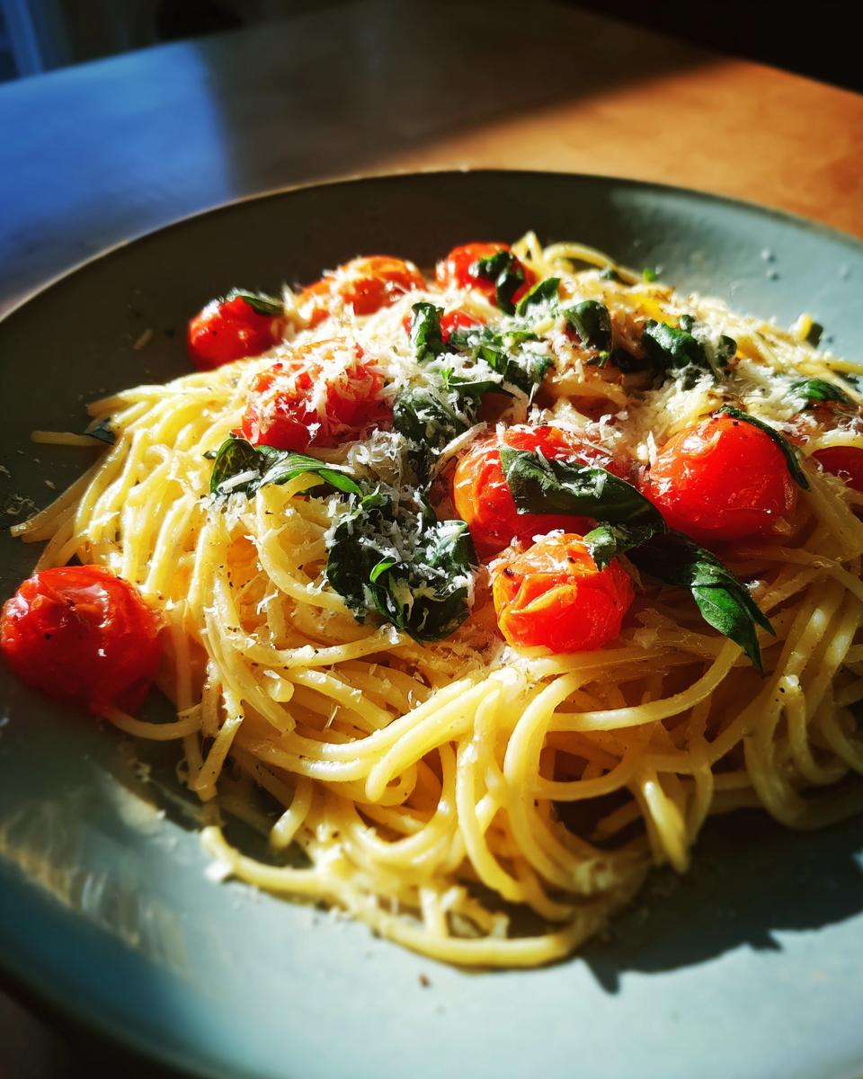 Amazing Basil Pasta with Cherry Tomatoes in 35 Mins 2 Close-up of Basil Pasta with Cherry Tomatoes, garnished with fresh basil and parmesan cheese.
