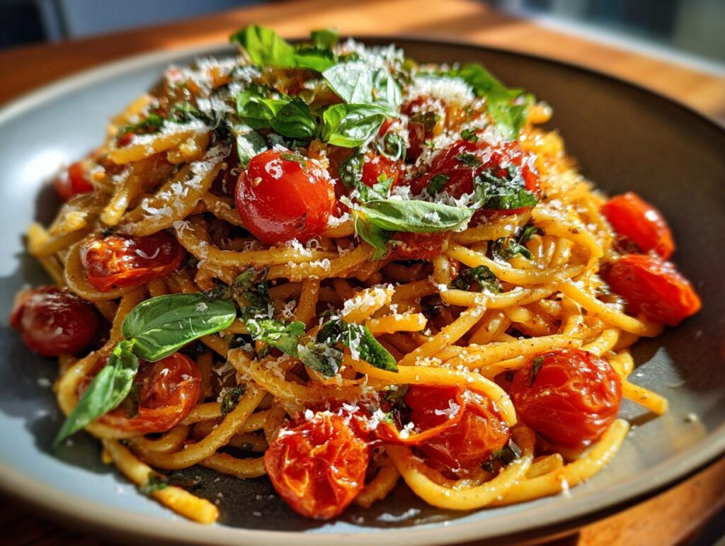 Close-up of Basil Pasta with Cherry Tomatoes, garnished with fresh basil and parmesan cheese.