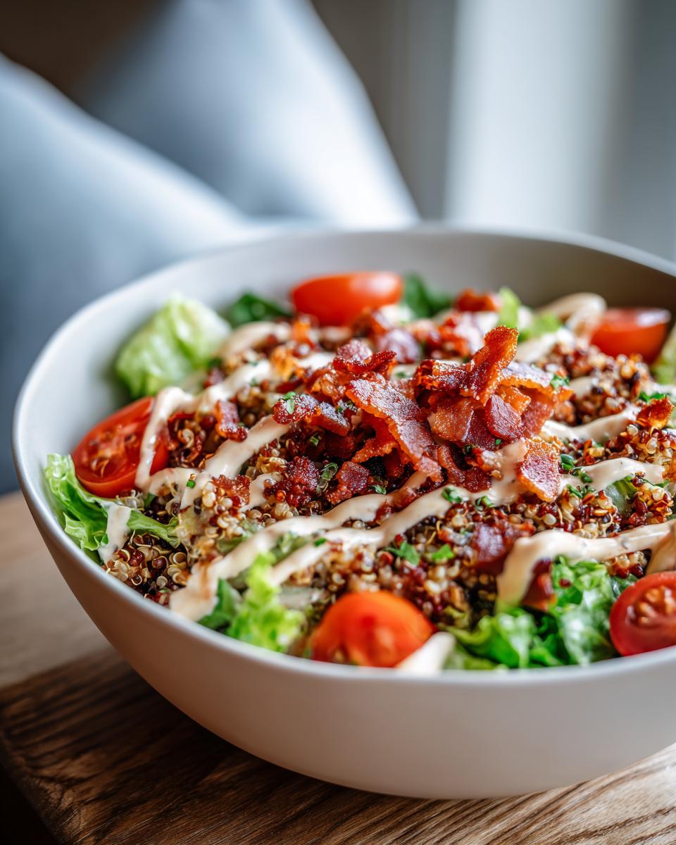 Close-up of a BLT Quinoa Bowl with bacon, tomatoes, lettuce, and creamy dressing.