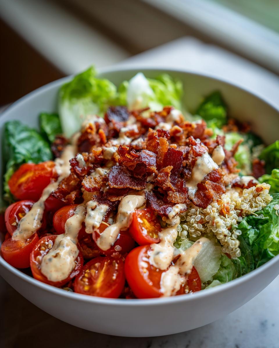 Close-up of a BLT Quinoa Bowl with bacon, tomatoes, lettuce, quinoa, and dressing.