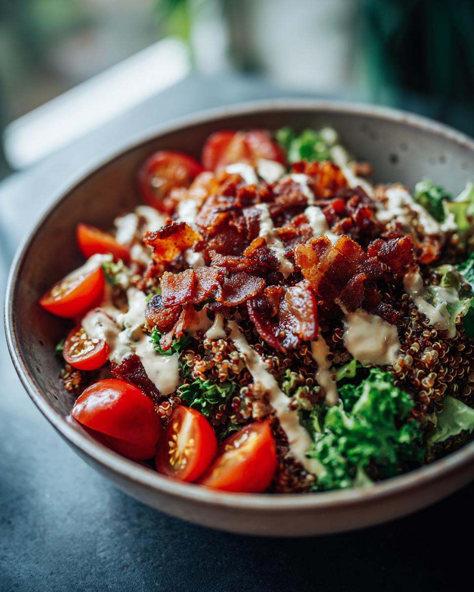 Close-up of a BLT Quinoa Bowl with bacon, tomatoes, lettuce, quinoa, and dressing.