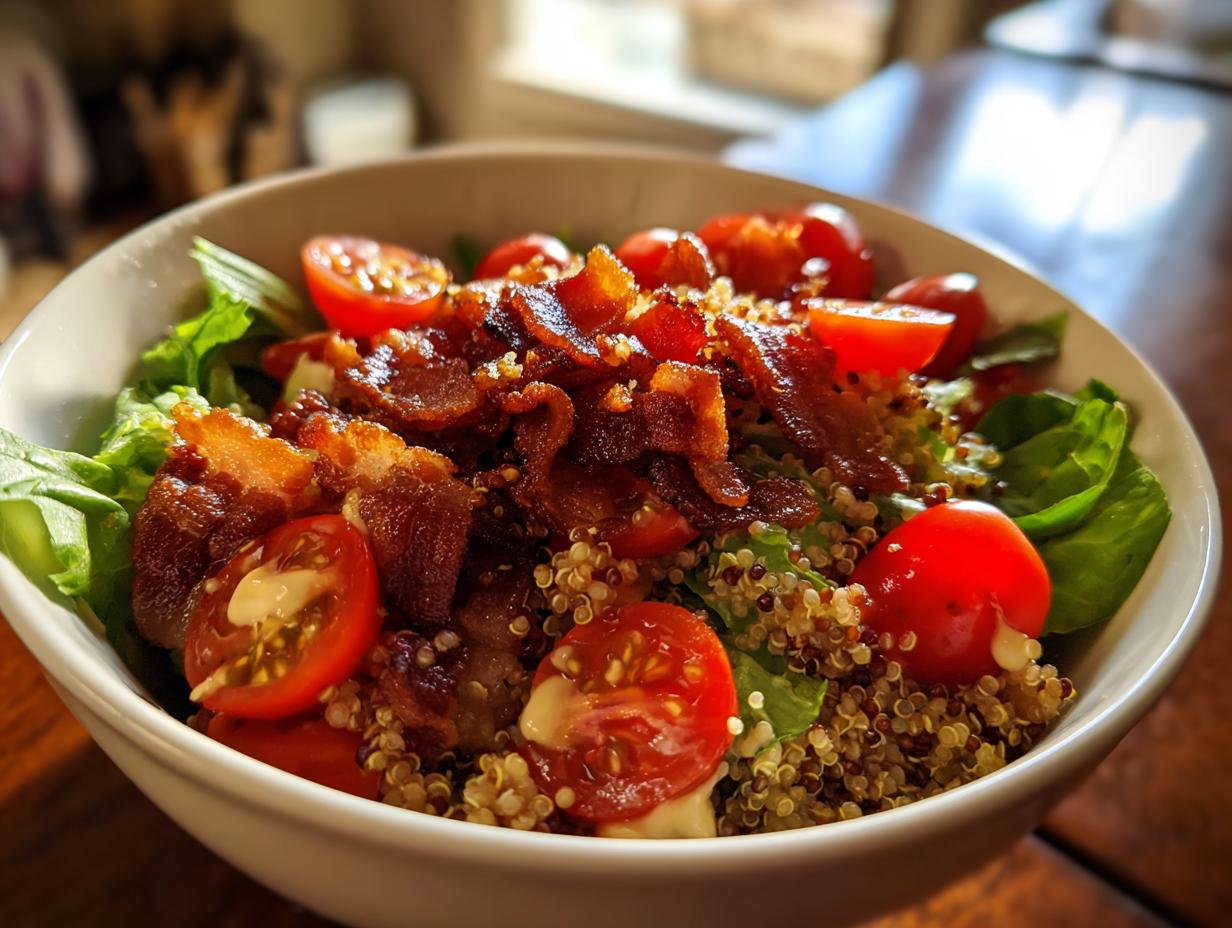 Close-up of a BLT Quinoa Bowl with quinoa, tomatoes, bacon, and lettuce; a healthy and delicious BLT Quinoa Bowl.