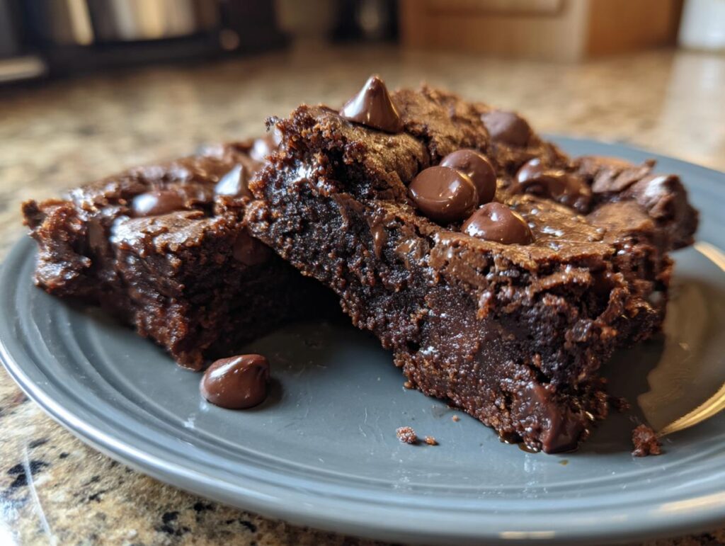 Close-up of two chocolate brownies, the dessert that disappears in minutes, topped with chocolate chips.