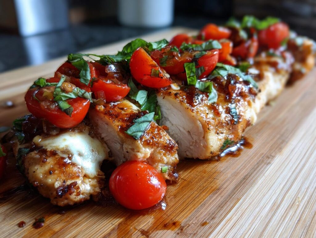 Sliced Bruschetta Chicken Bake topped with fresh tomatoes and basil on a wooden board.