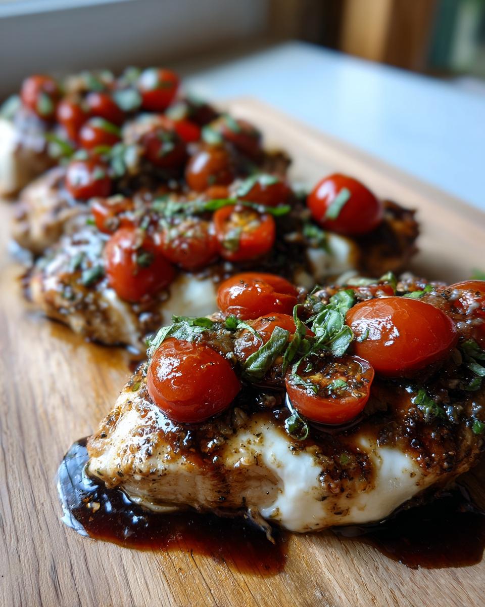 Close-up of Bruschetta Chicken Bake with fresh tomatoes, basil, and balsamic glaze.