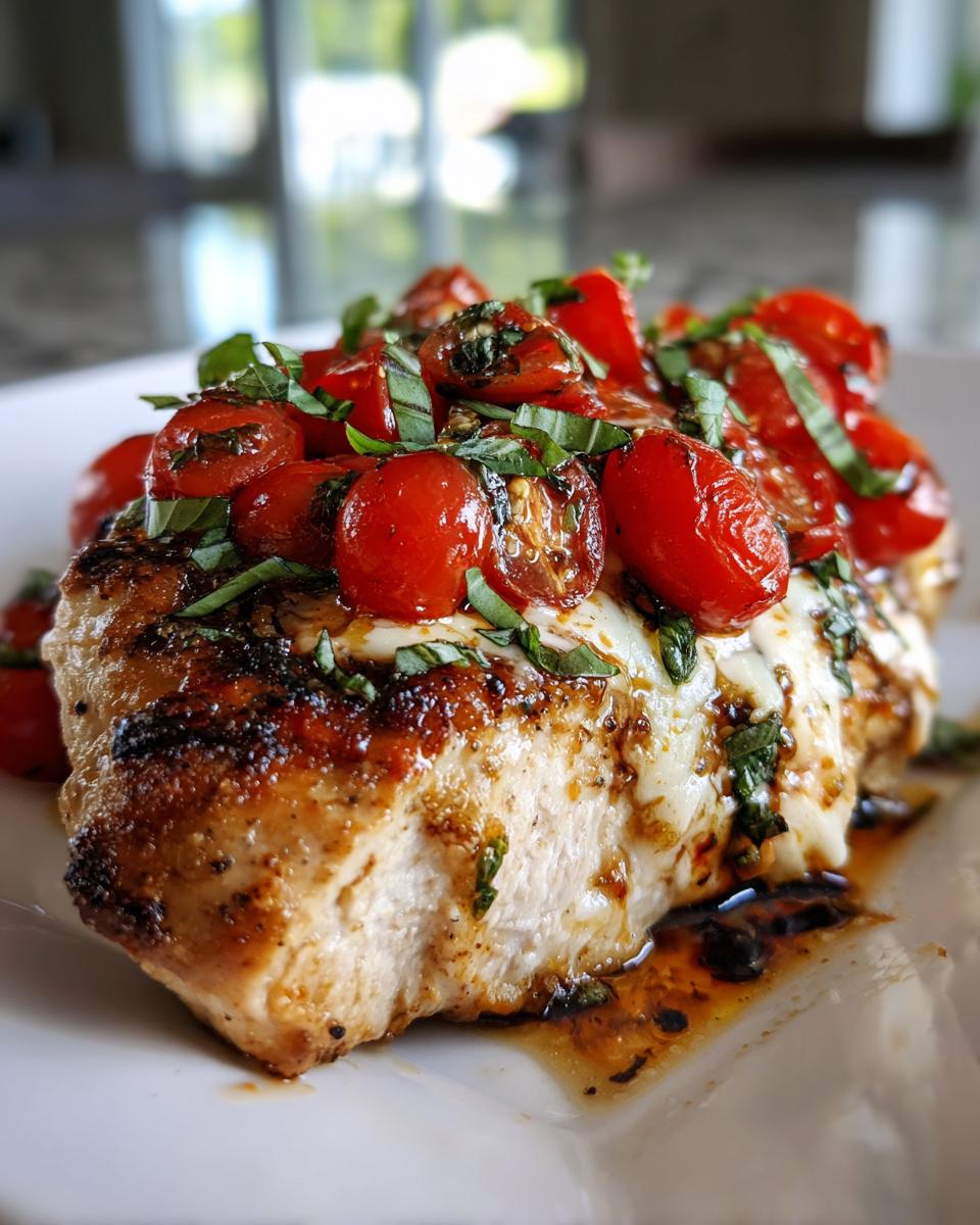 Close-up of a Bruschetta Chicken Bake topped with tomatoes, basil, and melted cheese.
