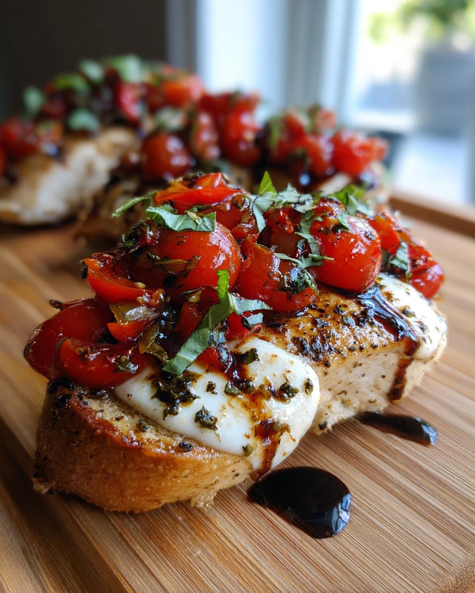 Close-up of a delicious Bruschetta Chicken Bake with tomatoes, mozzarella, and basil on a wooden board.