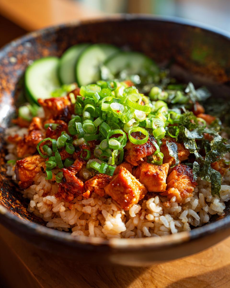 Close-up of a Buffalo Chicken Rice Bowl with rice, chicken, scallions, cucumbers, and seaweed.