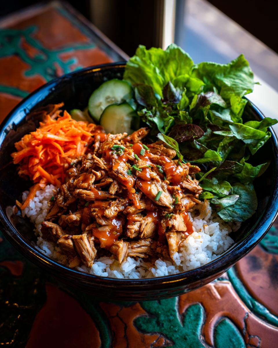 Close-up of a Buffalo Chicken Rice Bowl with chicken, rice, vegetables, and sauce.