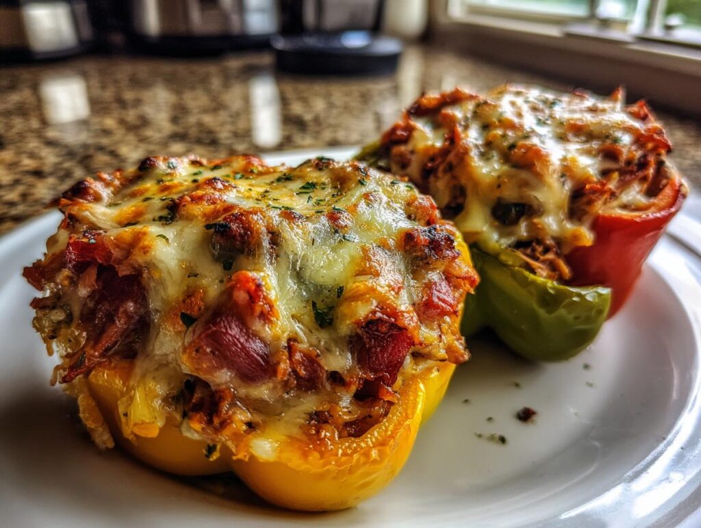 Close-up of baked cheesesteak stuffed peppers, yellow and red bell peppers filled with meat and cheese.